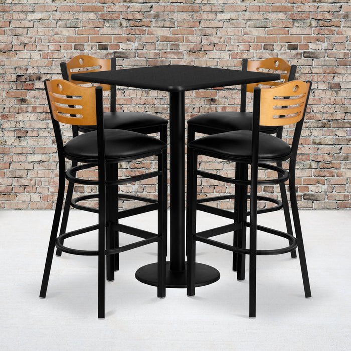 30'' Square Black Laminate Restaurant Table Set with 4 Wood Slat Back Metal Barstools - Black Vinyl Seat