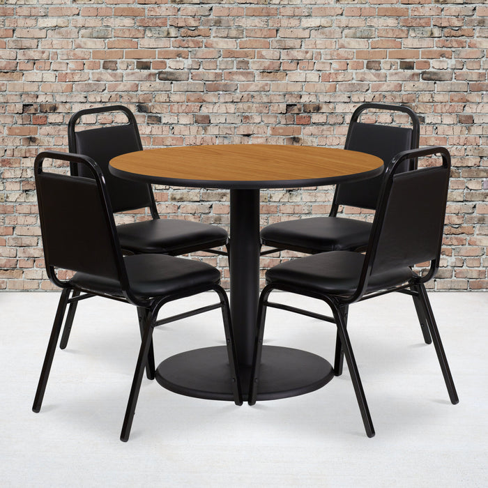 36'' Round Natural Laminate Restaurant Table Set with Round Base and 4 Black Trapezoidal Back Banquet Chairs