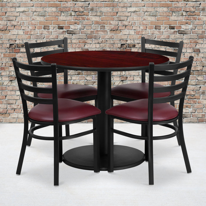 36'' Round Mahogany Laminate Restaurant Table Set with Round Base and 4 Ladder Back Metal Chairs - Burgundy Vinyl Seat