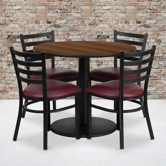 36'' Round Walnut Laminate Restaurant Table Set with Round Base and 4 Ladder Back Metal Chairs - Burgundy Vinyl Seat