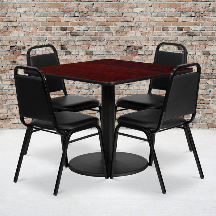 36'' Square Mahogany Laminate Restaurant Table Set with Round Base and 4 Black Trapezoidal Back Banquet Chairs