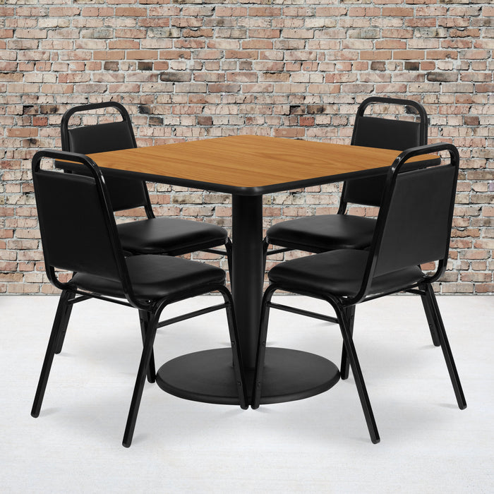 36'' Square Natural Laminate Restaurant Table Set with Round Base and 4 Black Trapezoidal Back Banquet Chairs