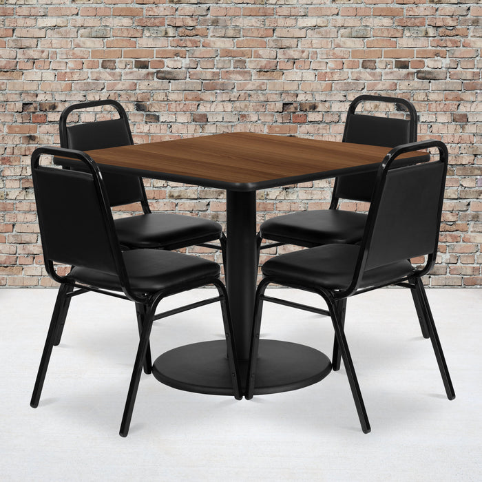 36'' Square Walnut Laminate Restaurant Table Set with Round Base and 4 Black Trapezoidal Back Banquet Chairs