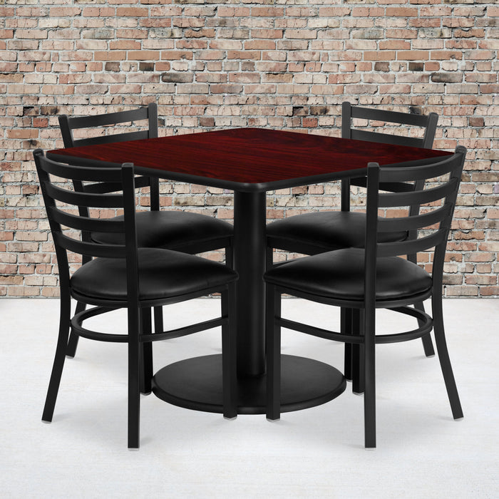 36'' Square Mahogany Laminate Restaurant Table Set with 4 Ladder Back Metal Chairs - Black Vinyl Seat