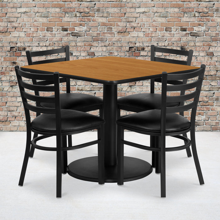 36'' Square Natural Laminate Restaurant Table Set with 4 Ladder Back Metal Chairs - Black Vinyl Seat