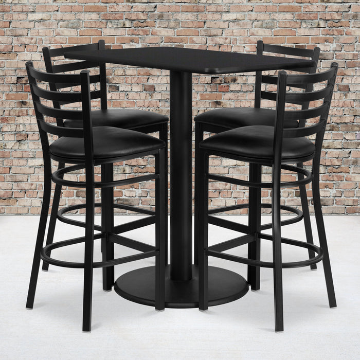 24'' x 42'' Rectangular Black Laminate Restaurant Table Set with 4 Ladder Back Metal Barstools - Black Vinyl Seat