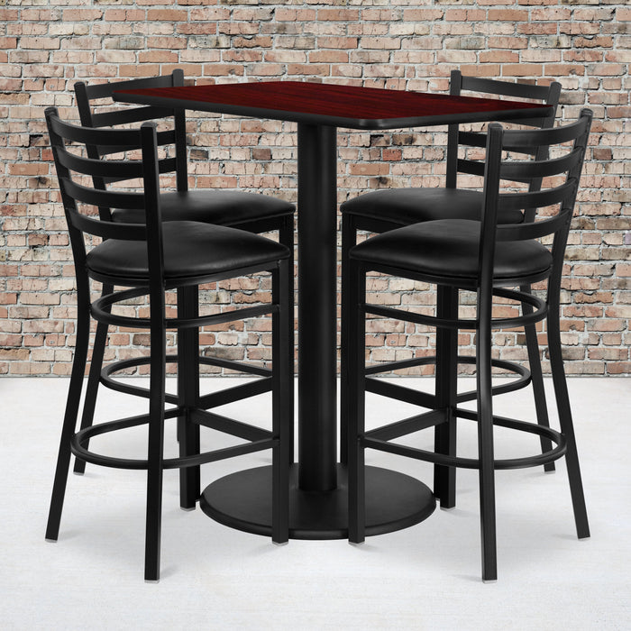 24'' x 42'' Rectangular Mahogany Laminate Restaurant Table Set with 4 Ladder Back Metal Barstools - Black Vinyl Seat