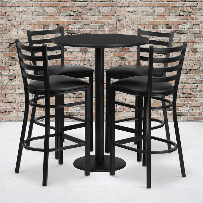 30'' Round Black Laminate Restaurant Table Set with Round Base and 4 Ladder Back Metal Barstools - Black Vinyl Seat