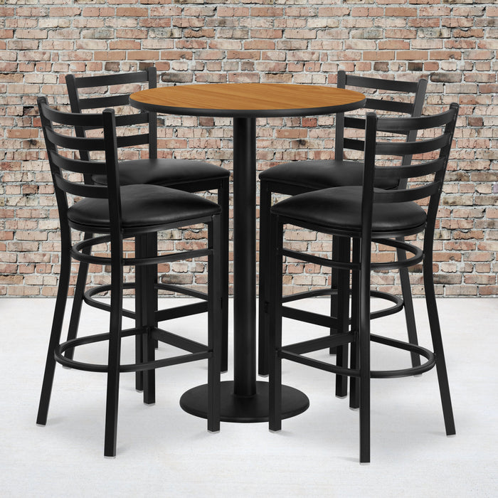 30'' Round Natural Laminate Restaurant Table Set with Round Base and 4 Ladder Back Metal Barstools - Black Vinyl Seat