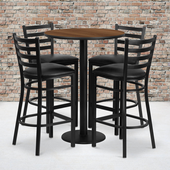 30'' Round Walnut Laminate Restaurant Table Set with Round Base and 4 Ladder Back Metal Barstools - Black Vinyl Seat