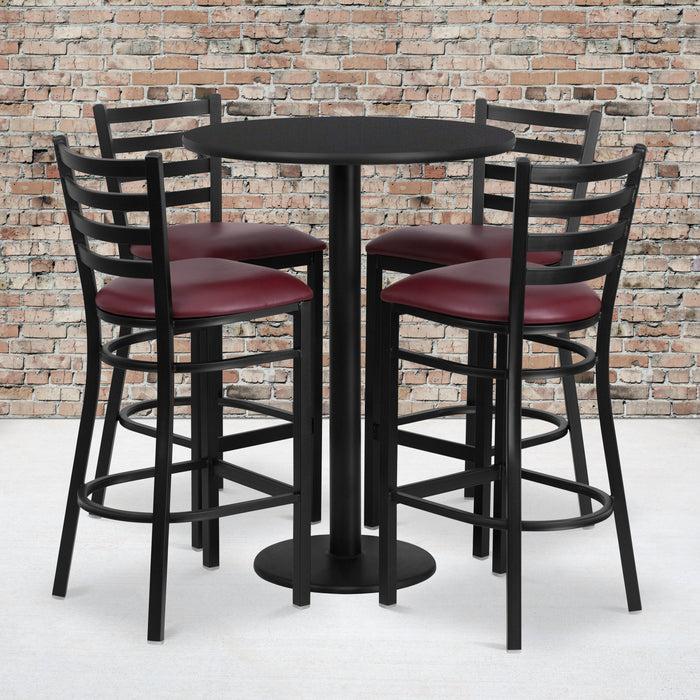 30'' Round Black Laminate Restaurant Table Set with Round Base and 4 Ladder Back Metal Barstools - Burgundy Vinyl Seat