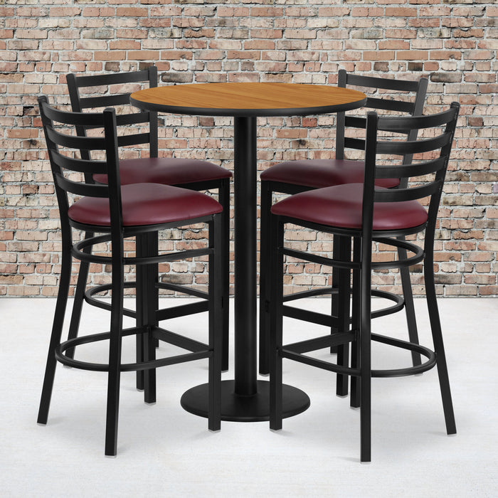 30'' Round Natural Laminate Restaurant Table Set with Round Base and 4 Ladder Back Metal Barstools - Burgundy Vinyl Seat