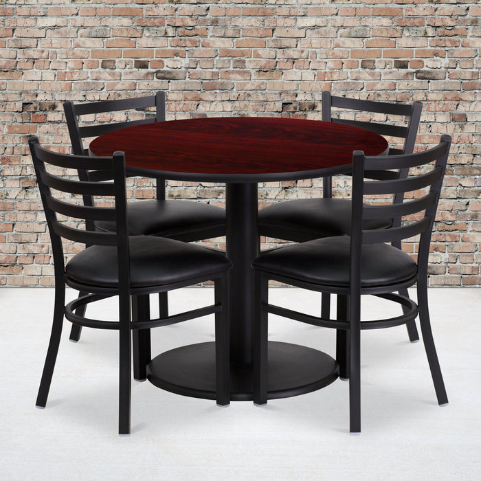 36'' Round Mahogany Laminate Restaurant Table Set with Round Base and 4 Ladder Back Metal Chairs - Black Vinyl Seat