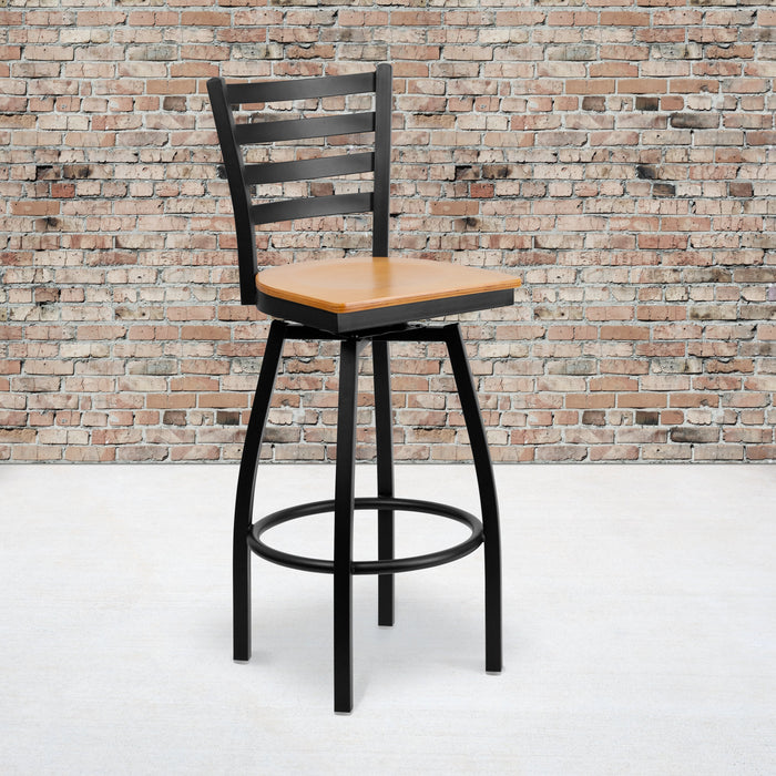 30.25" Heavy Duty Black Ladder Back Swivel Metal Restaurant Barstool - Natural Wood Seat