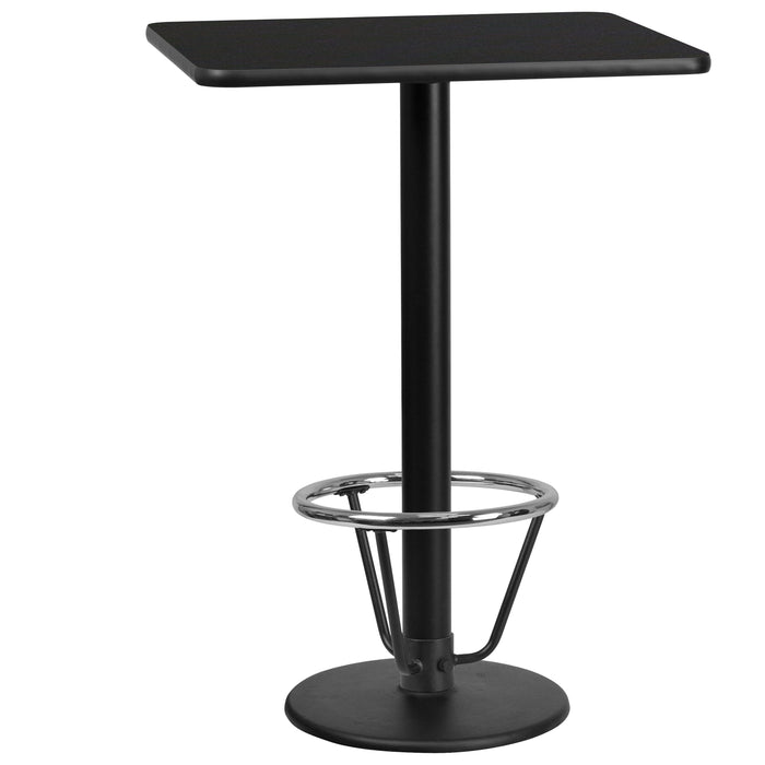 24'' x 30'' Rectangular Black Laminate Table Top with 18'' Round Bar Height Table Base and Foot Ring