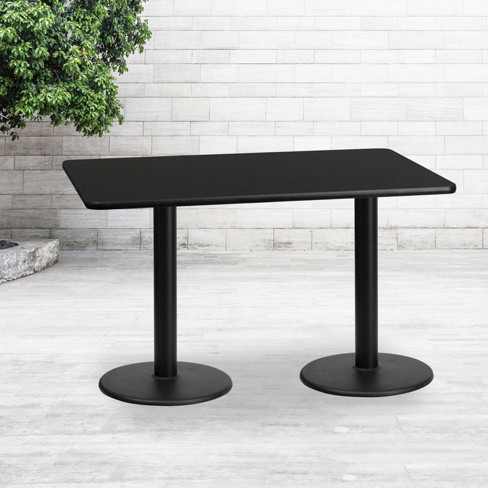 30'' x 60'' Rectangular Black Laminate Restaurant Table Top with 18'' Round Table Height Bases