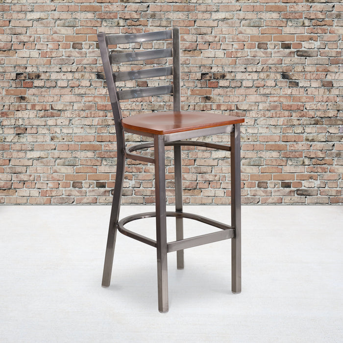 28.75" Clear Coated Ladder Back Metal Restaurant Barstool - Cherry Wood Seat