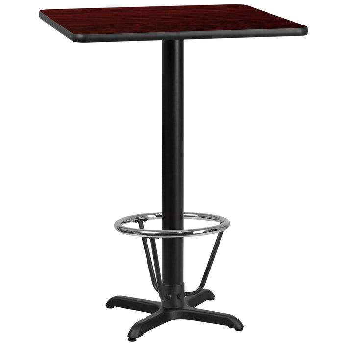 24'' Square Mahogany Laminate Table Top with 22'' x 22'' Bar Height Table Base and Foot Ring