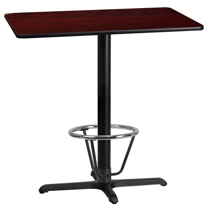 24'' x 42'' Rectangular Mahogany Laminate Table Top with 22'' x 30'' Bar Height Table Base and Foot Ring