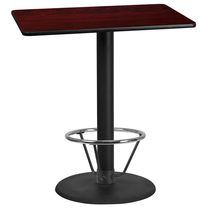 30'' x 42'' Rectangular Mahogany Laminate Table Top with 24'' Round Bar Height Table Base and Foot Ring