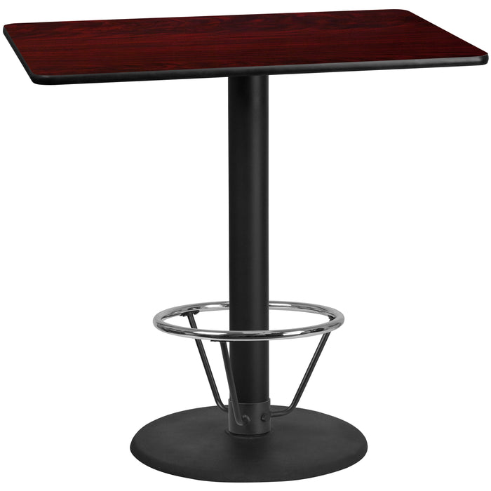 30'' x 48'' Rectangular Mahogany Laminate Table Top with 24'' Round Bar Height Table Base and Foot Ring