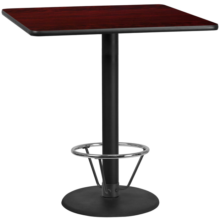 42'' Square Mahogany Laminate Table Top with 24'' Round Bar Height Table Base and Foot Ring