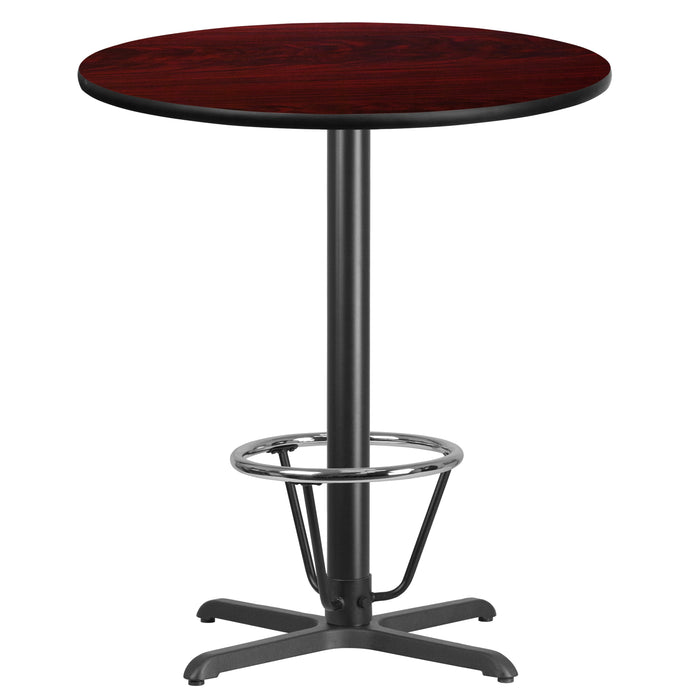 36'' Round Mahogany Laminate Table Top with 30'' x 30'' Bar Height Table Base and Foot Ring