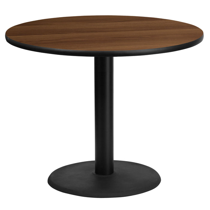 36'' Round Walnut Laminate Restaurant Table Top with 24'' Round Table Height Base