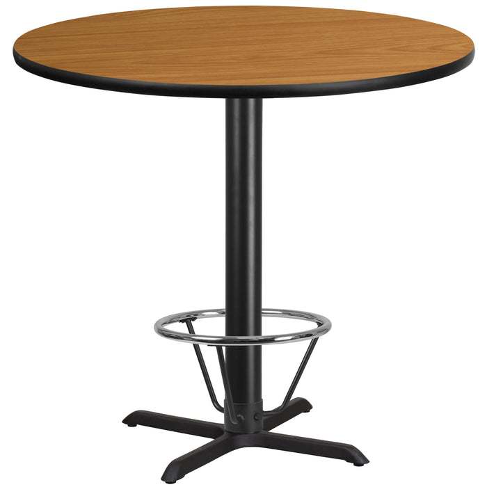 42'' Round Natural Laminate Table Top with 33'' x 33'' Bar Height Table Base and Foot Ring