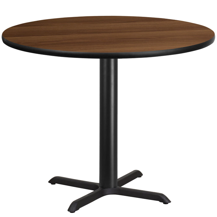 42'' Round Walnut Laminate Restaurant Table Top with 33'' x 33'' Table Height Base