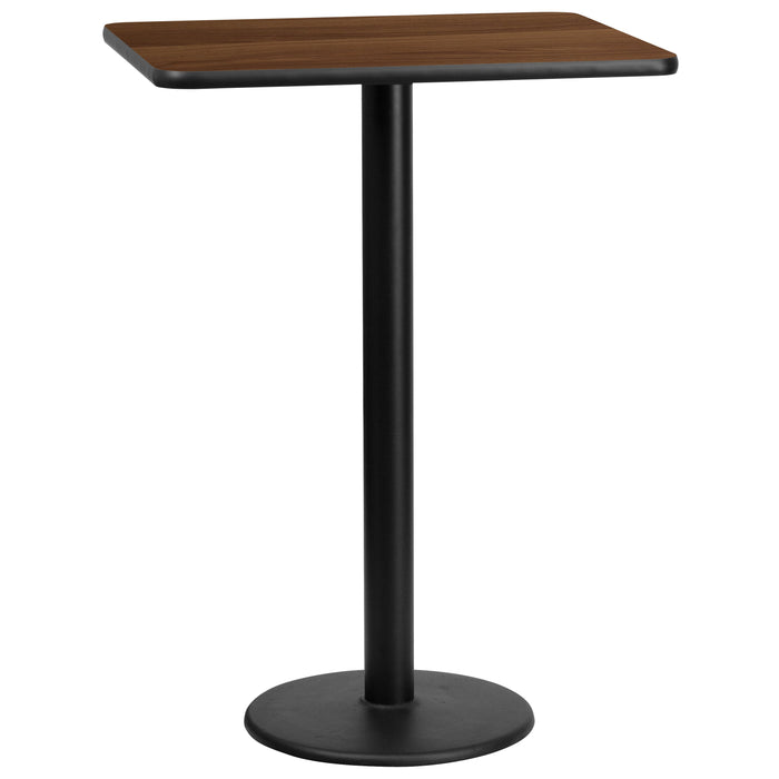 24'' x 30'' Rectangular Walnut Laminate Table Top with 18'' Round Bar Height Table Base