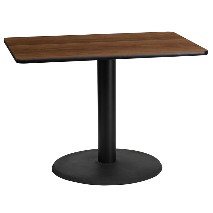 24'' x 42'' Rectangular Walnut Laminate Restaurant Table Top with 24'' Round Table Height Base