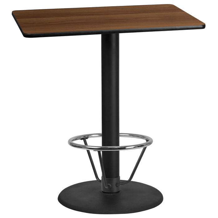 30'' x 42'' Rectangular Walnut Laminate Table Top with 24'' Round Bar Height Table Base and Foot Ring