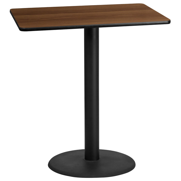 30'' x 42'' Rectangular Walnut Laminate Table Top with 24'' Round Bar Height Table Base
