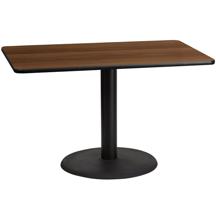 30'' x 48'' Rectangular Walnut Laminate Restaurant Table Top with 24'' Round Table Height Base