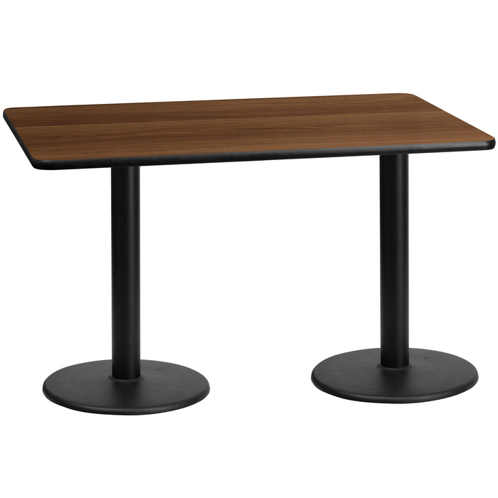 30'' x 60'' Rectangular Walnut Laminate Restaurant Table Top with 18'' Round Table Height Bases