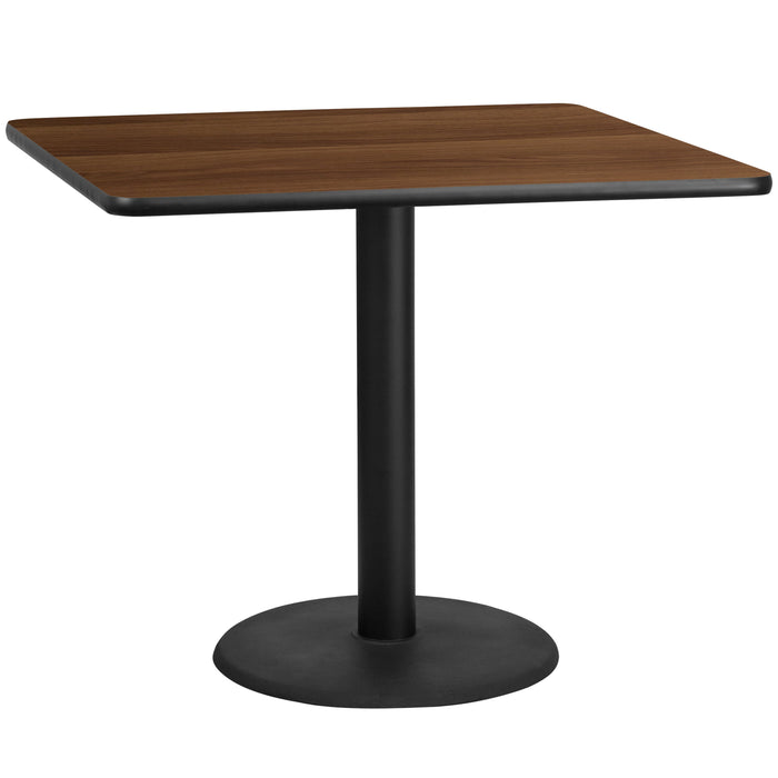 42'' Square Walnut Laminate Restaurant Table Top with 24'' Round Table Height Base